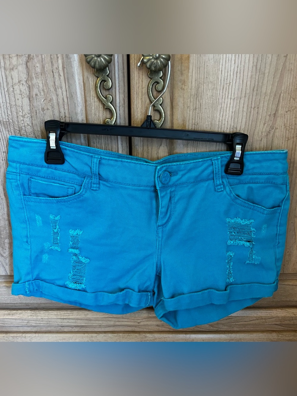 Turquoise Distressed Cotton Blend Women’s Shorts